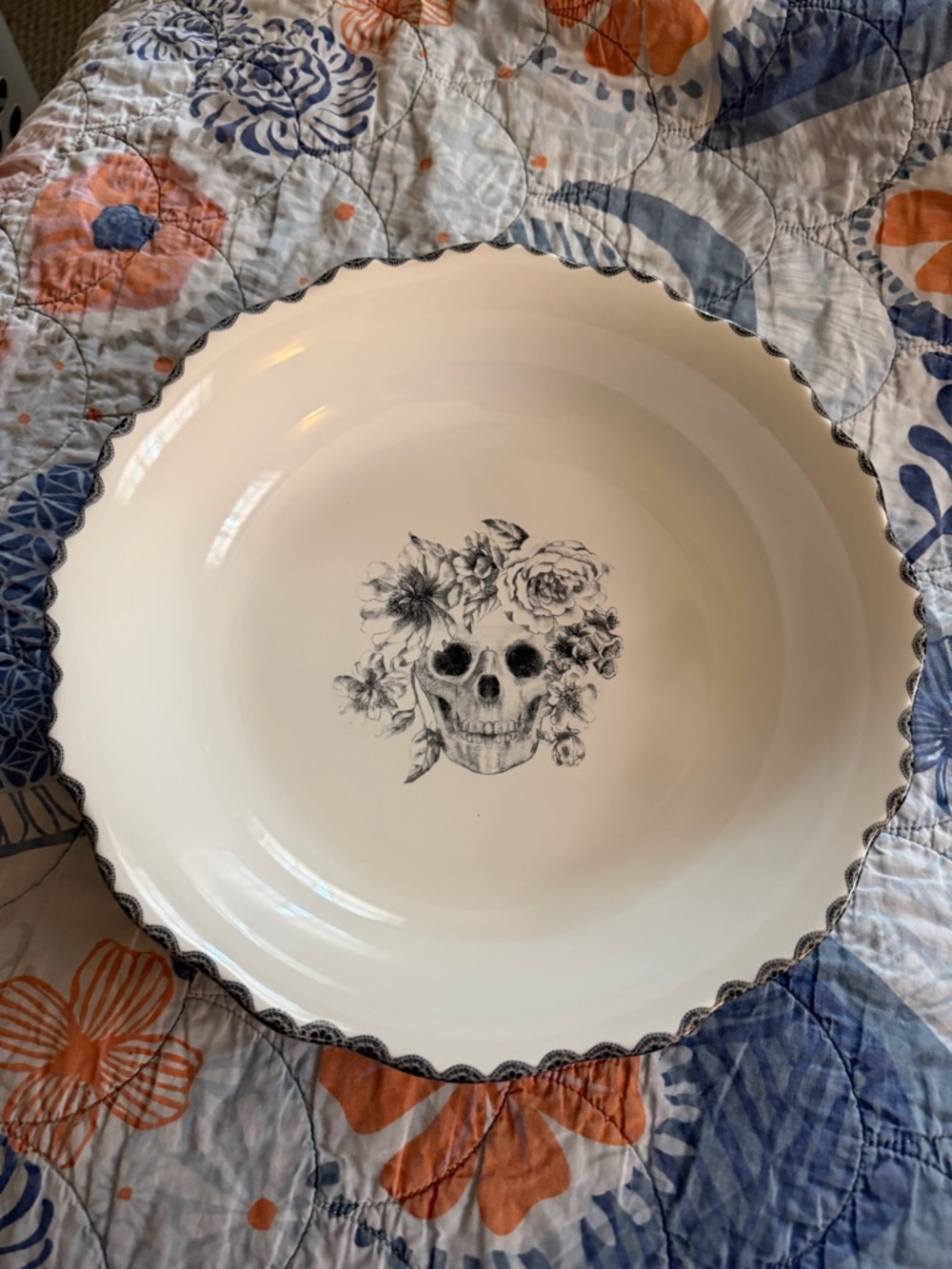 Gorgeous Gothic Serving Bowl with Black Skull Floral Motif